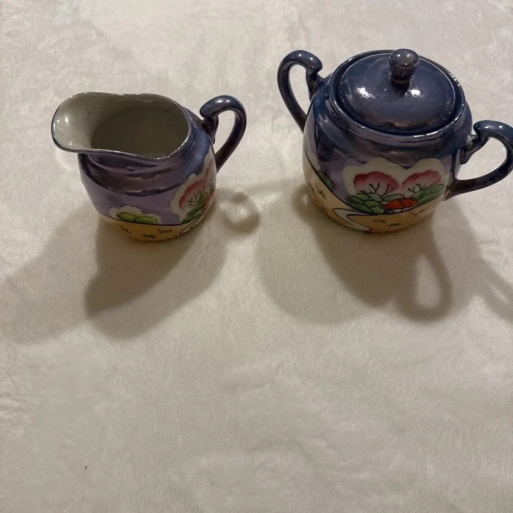 Vintage Japan Lusterware Creamer & Sugar Bowl Blue Peach Road Scene